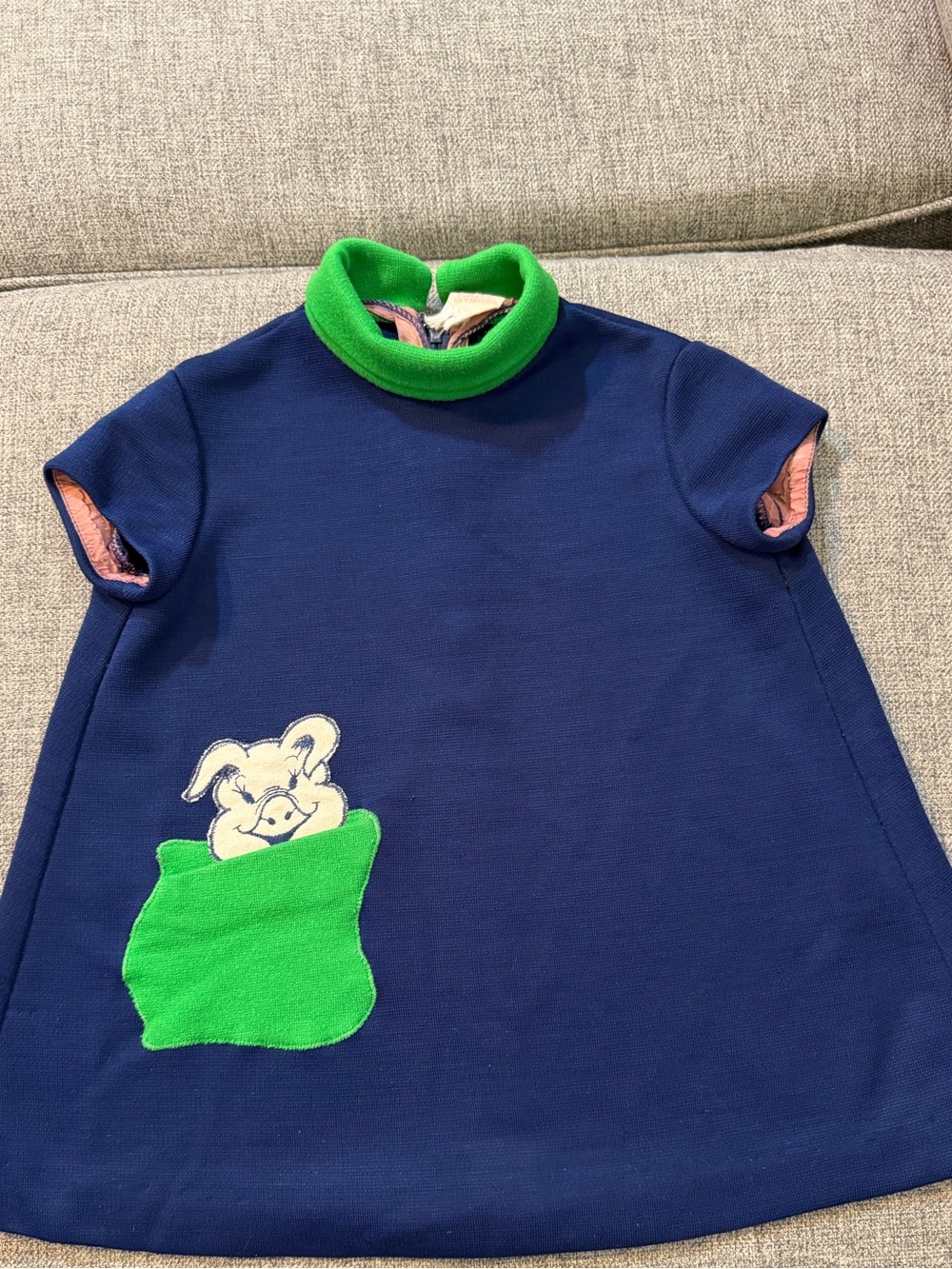 1960’s Ruth of Carolina Girls' Navy Dress - Green Collar & Pocket Pig size 2/3